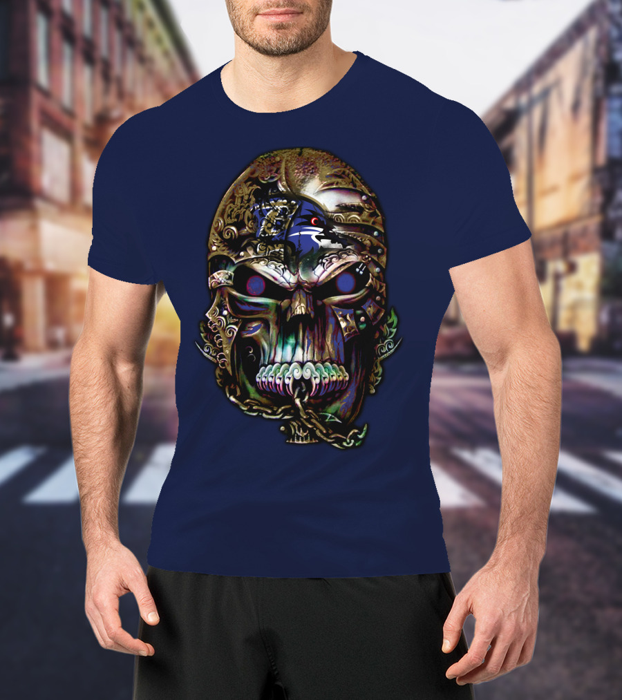 Baltimore Ravens 70 Skull Design With Ravens Logo And Metallic Elements T-Shirt