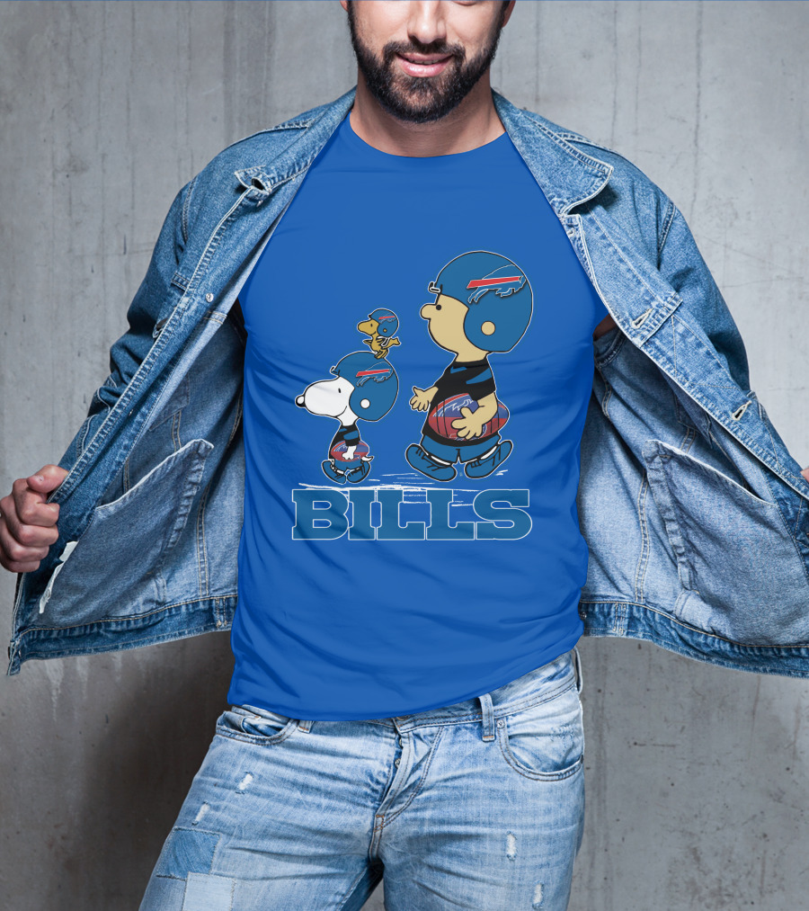 Snpfootball Buffalo Bills Snoopy Woodstock Peanuts Characters With Helmets Football T-Shirt