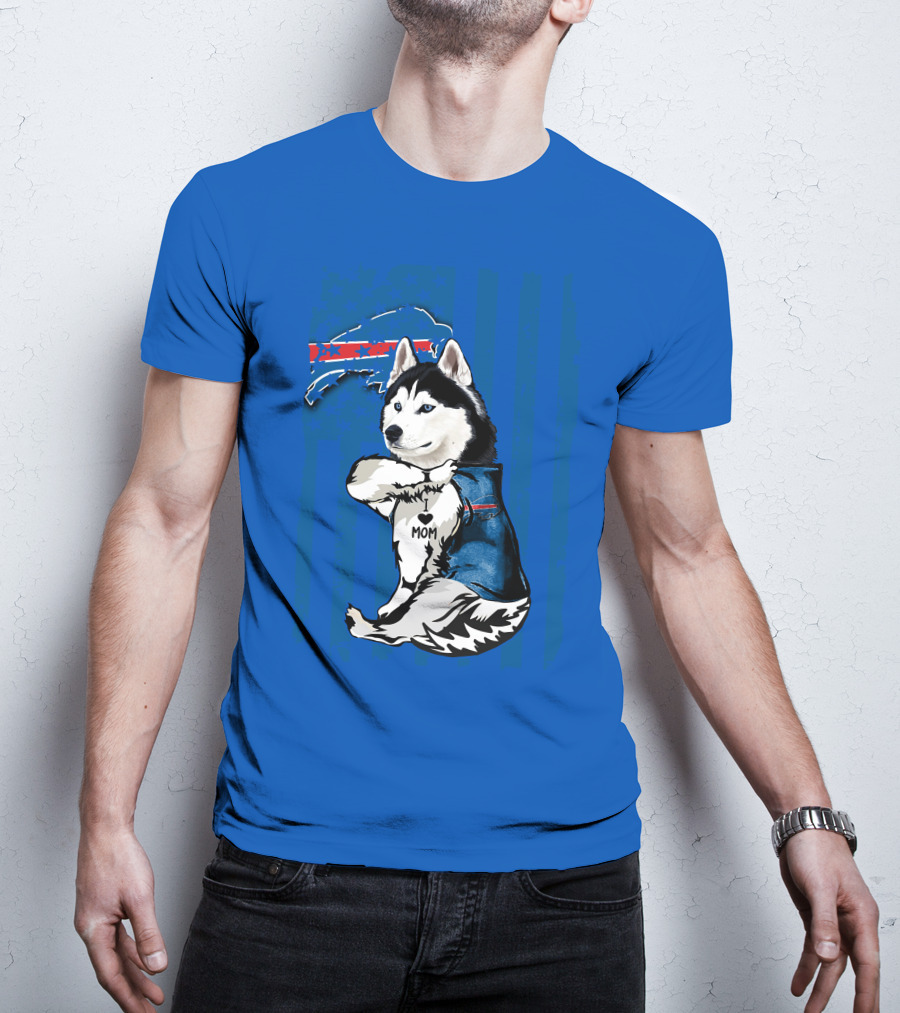 Siberian Husky Wearing Blue Buffalo Bills Vest With Heart Mom Tattoo And Flag T-Shirt
