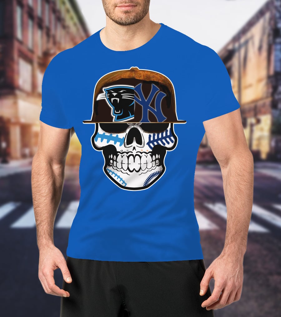 Carolina Panthers New York Yankees Skull Hat T-Shirt