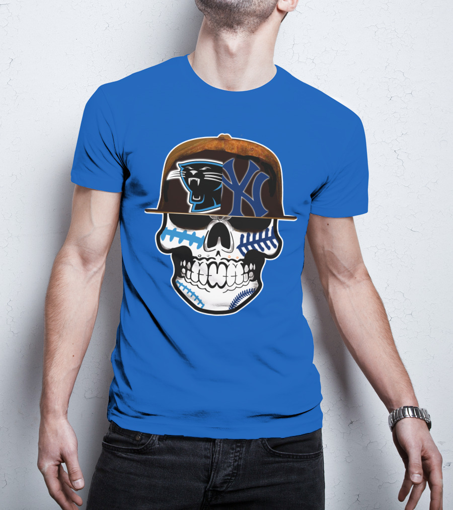 Carolina Panthers New York Yankees Skull Hat T-Shirt