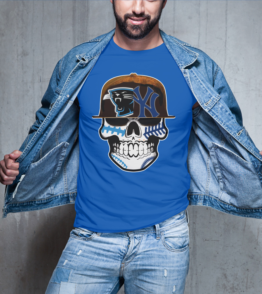 Carolina Panthers New York Yankees Skull Hat T-Shirt