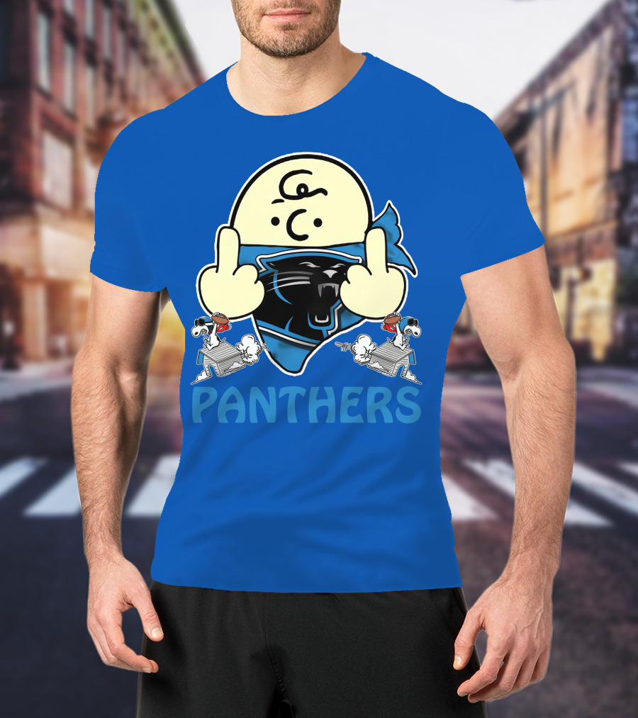 Carolina Panthers Bold Cartoon Character With Snoopy Imagery Middle Finger Salute T-Shirt
