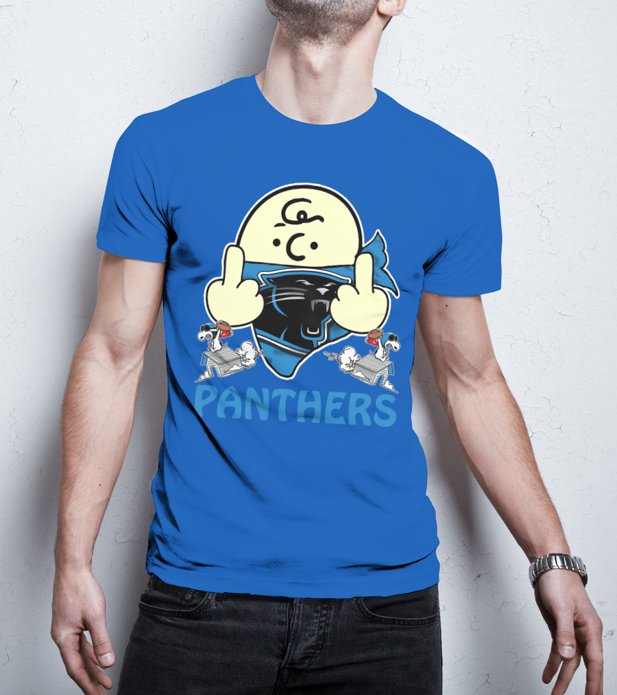 Carolina Panthers Bold Cartoon Character With Snoopy Imagery Middle Finger Salute T-Shirt