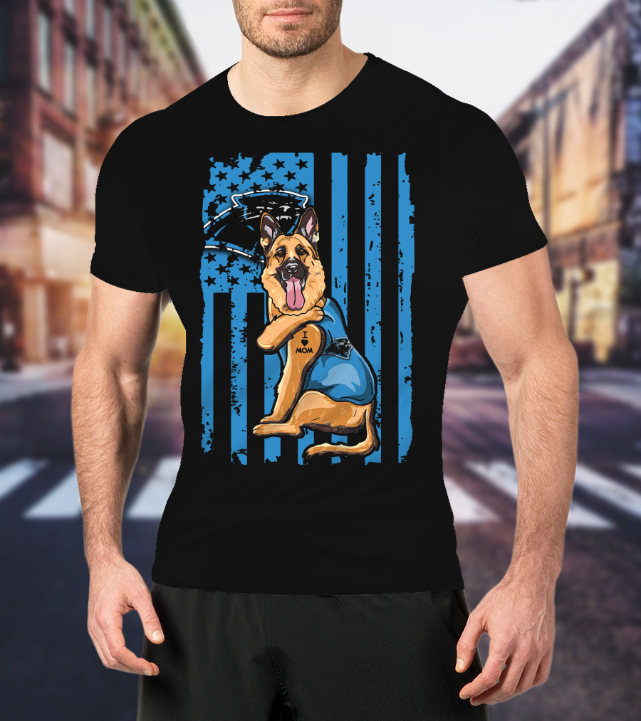German Shepherd I Love Mom Carolina Panthers Blue American Flag T-Shirt
