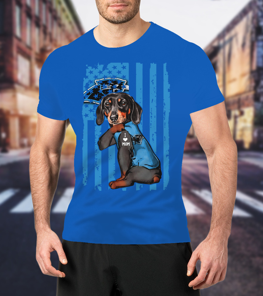 Dachshund I Love Mom Carolina Panthers Flag Stars T-Shirt