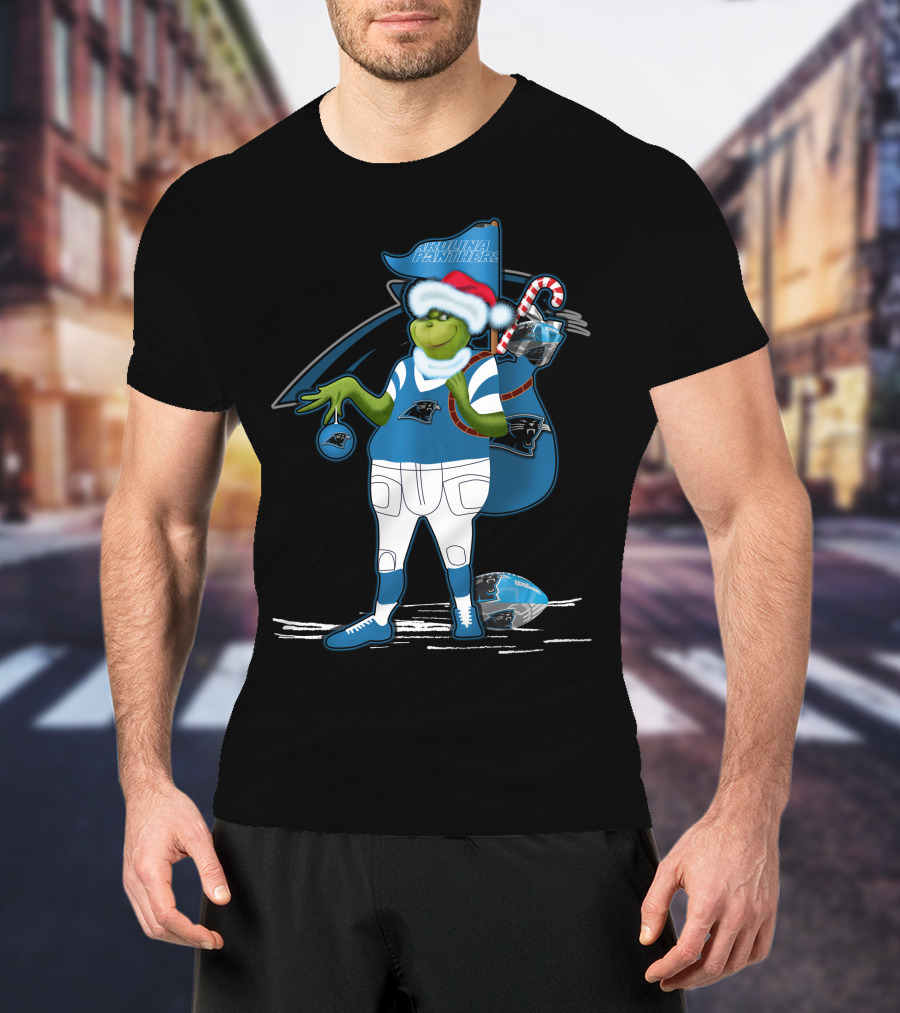 Grinchxmas Carolina Panthers Holiday Character In Team Gear Festive Football Santa Hat T-Shirt