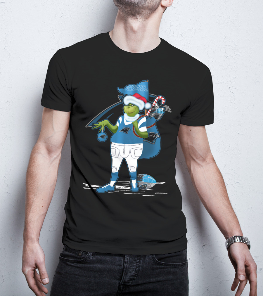 Grinchxmas Carolina Panthers Holiday Character In Team Gear Festive Football Santa Hat T-Shirt
