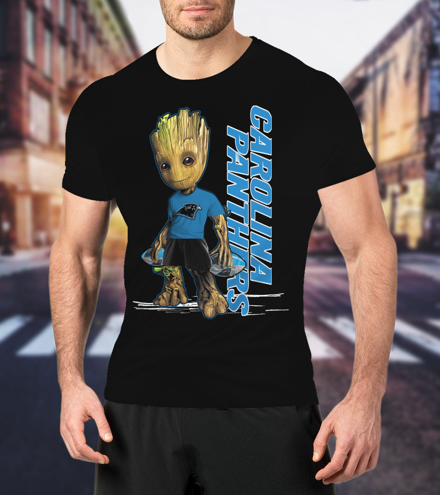 Groot Carolina Panthers Fan With Carolina Panthers Logo And Team T-Shirt