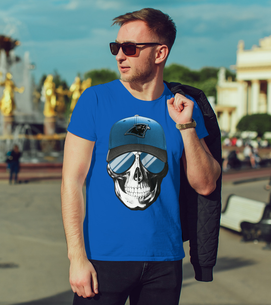 Skull Wearing Carolina Panthers Logo Hat With Reflective Sunglasses T-Shirt