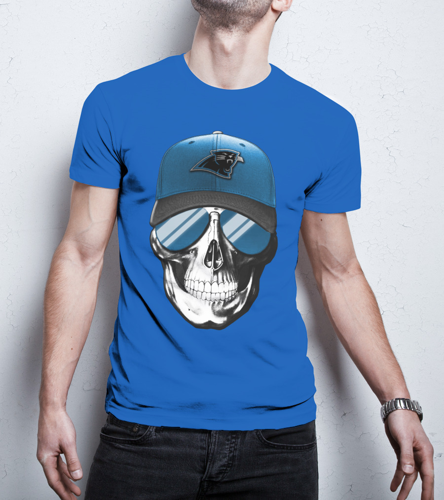 Skull Wearing Carolina Panthers Logo Hat With Reflective Sunglasses T-Shirt