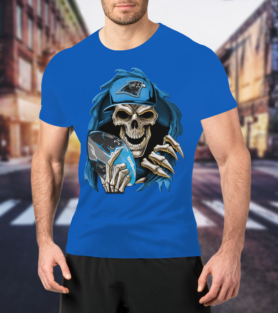 Skullbong Carolina Panthers Skeleton With Football And Team Cap T-Shirt