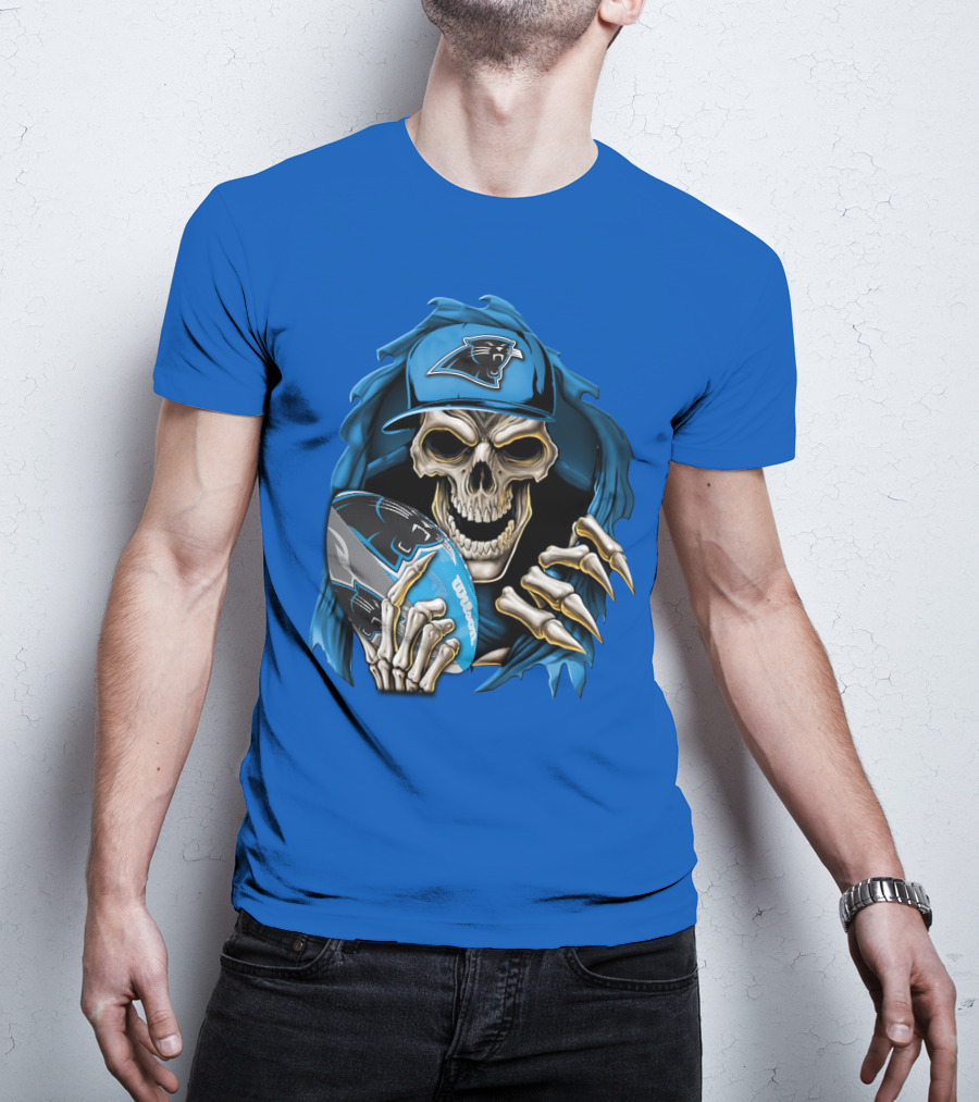 Skullbong Carolina Panthers Skeleton With Football And Team Cap T-Shirt