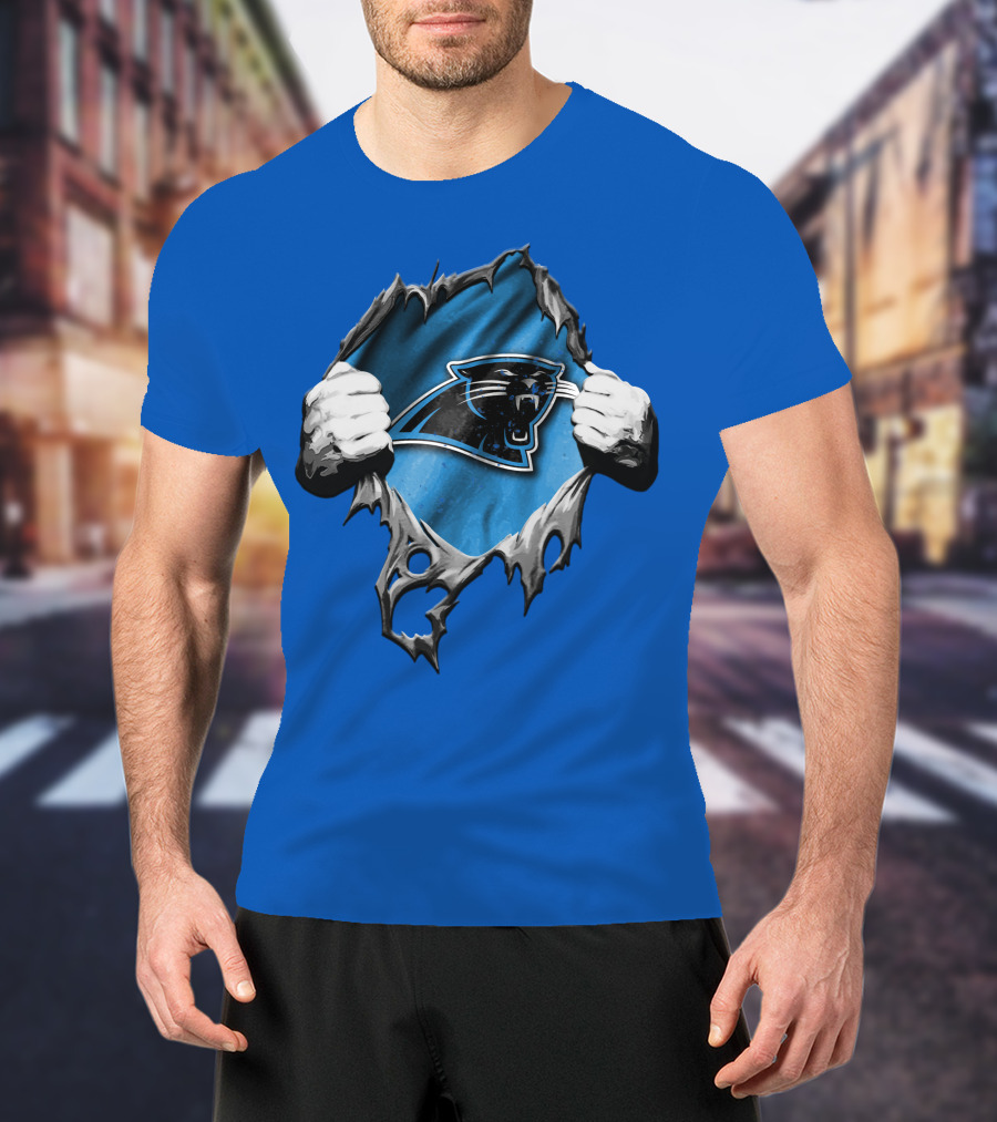 Torn Carolina Panthers Logo With Ripped Fabric And Clenched Hands T-Shirt