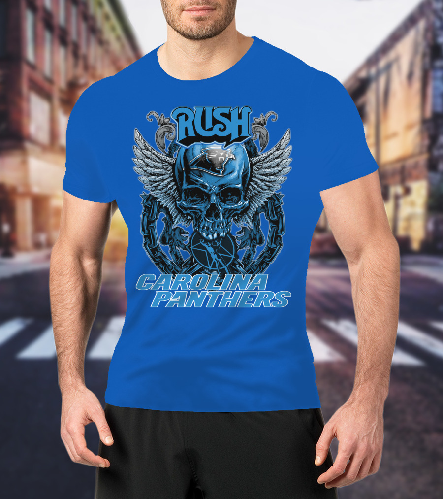 RUSH CAROLINA PANTHERS Skull Wings Helmet Chain T-Shirt