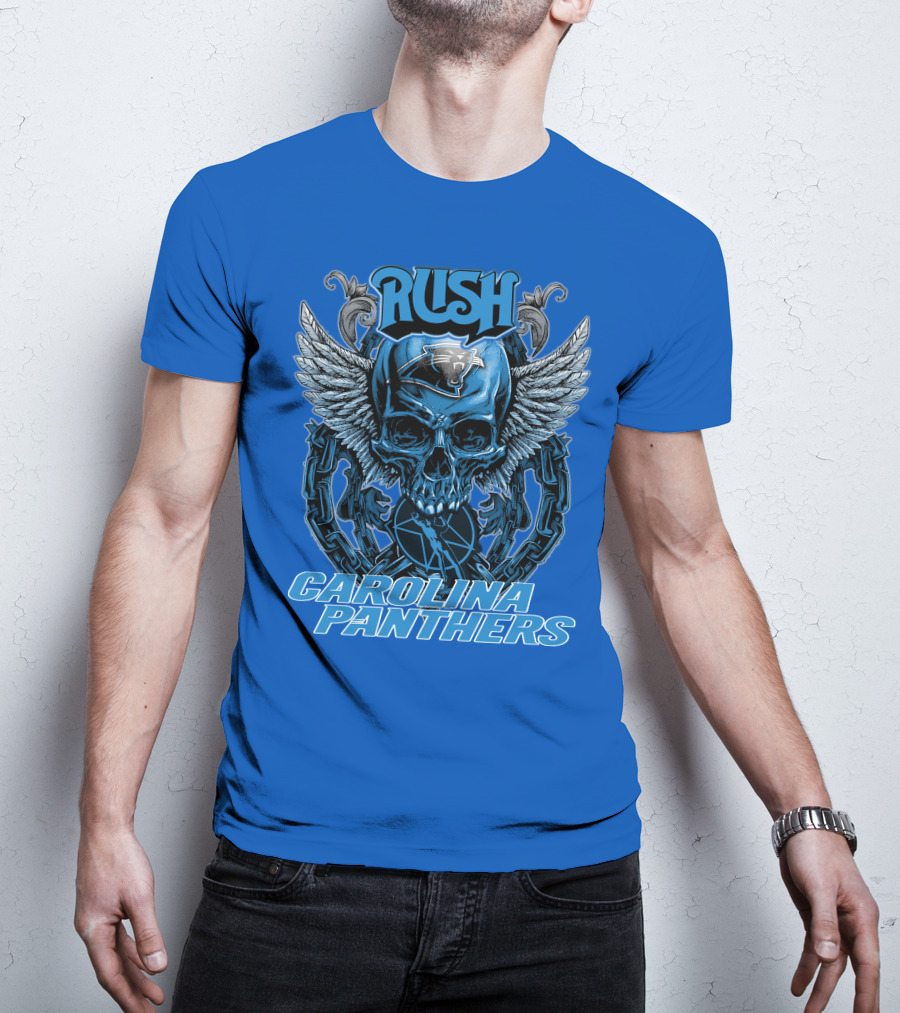 RUSH CAROLINA PANTHERS Skull Wings Helmet Chain T-Shirt