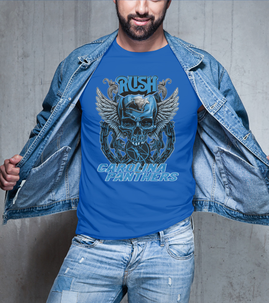 RUSH CAROLINA PANTHERS Skull Wings Helmet Chain T-Shirt