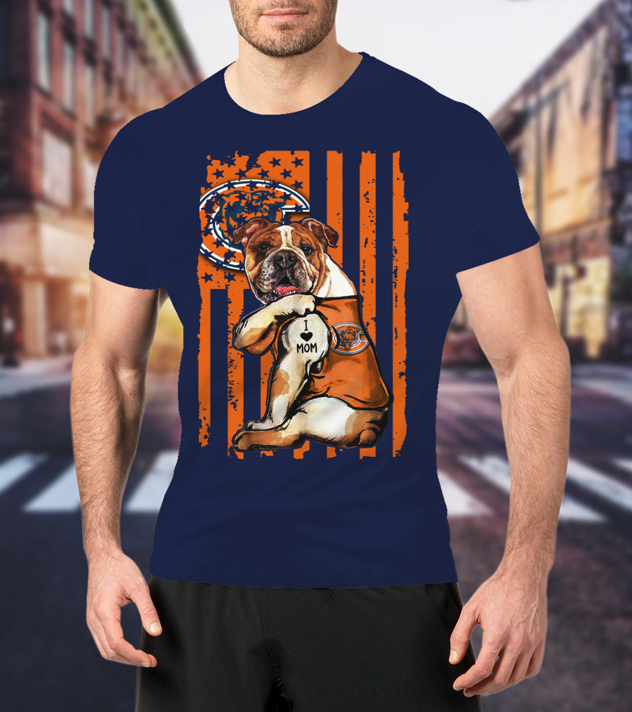 Bulldog I Love Mom Chicago Bears Orange And Blue Stripes T-Shirt