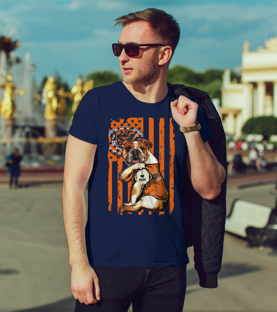 Bulldog I Love Mom Chicago Bears Orange And Blue Stripes T-Shirt