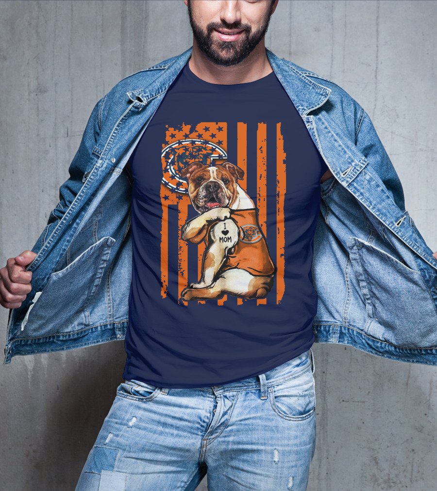 Bulldog I Love Mom Chicago Bears Orange And Blue Stripes T-Shirt