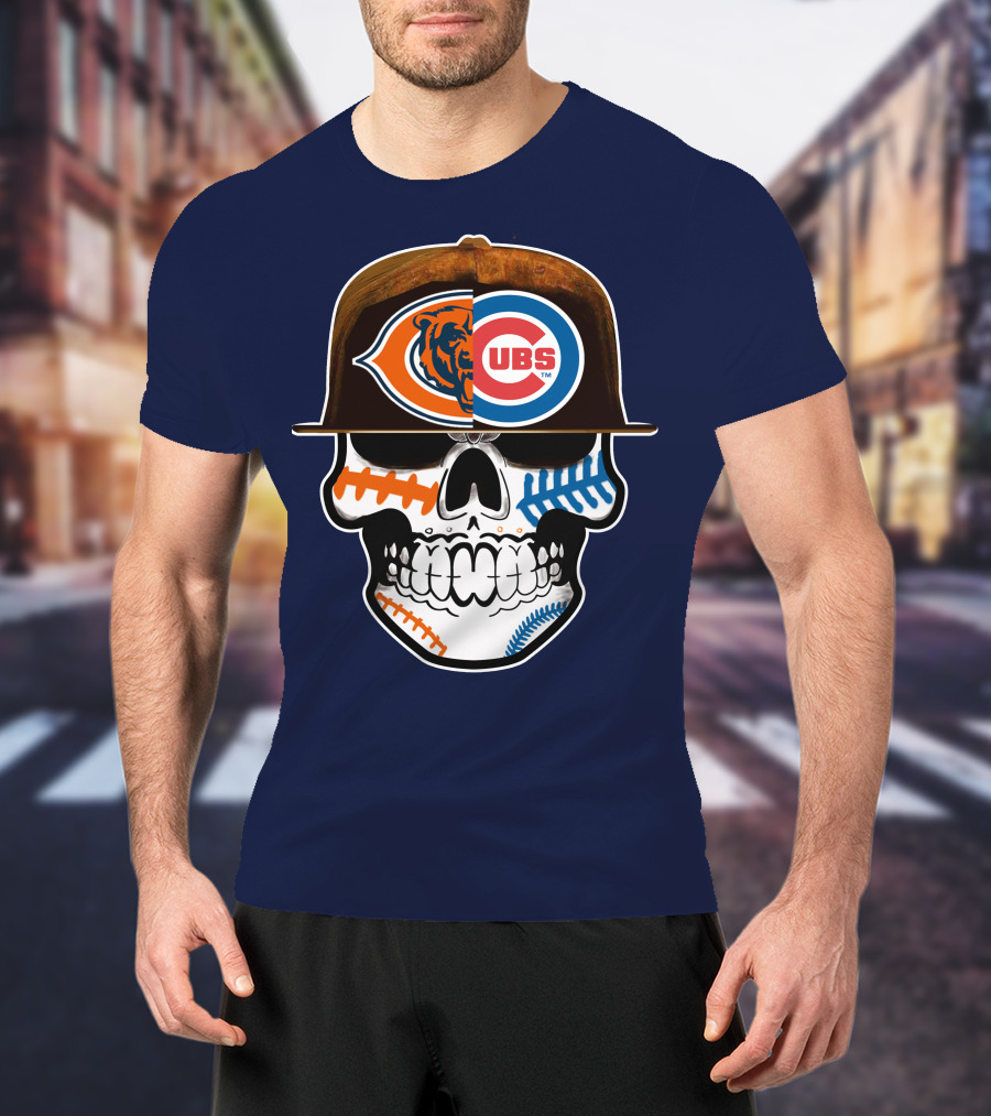 Chicago Bears Cubs Skull Cap Dual Logo Fusion T-Shirt