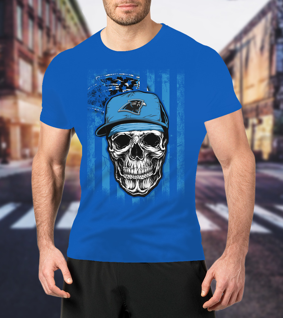 Skull With Carolina Panthers Cap And American Flag Elements T-Shirt