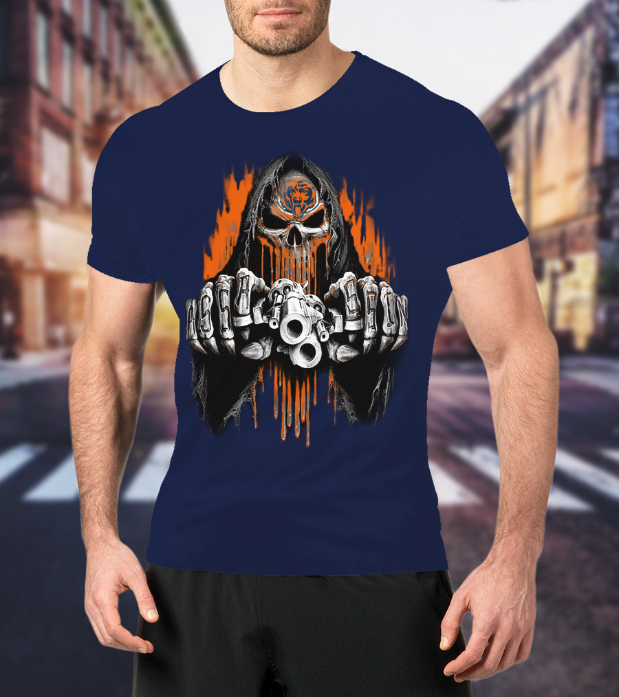 Chicago Bears Grim Reaper Skull With Orange Flames And Skull Knuckles T-Shirt