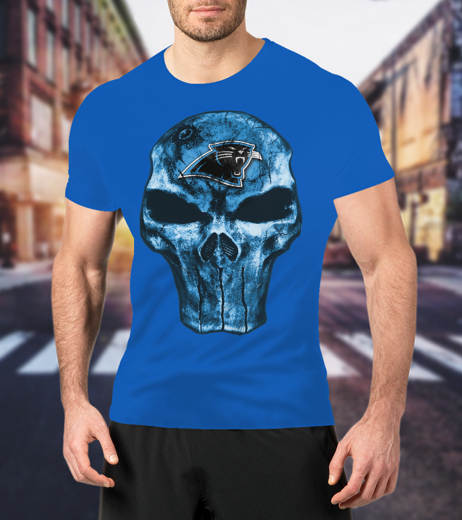Skull With Carolina Panthers Emblem On Blue T-Shirt