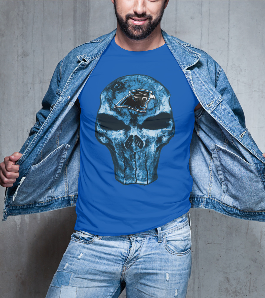 Skull With Carolina Panthers Emblem On Blue T-Shirt