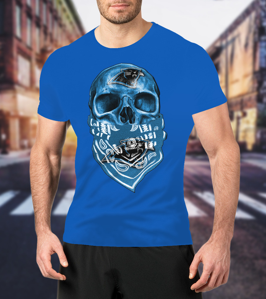 Carolina Panthers Skull Bandana Blue T-Shirt