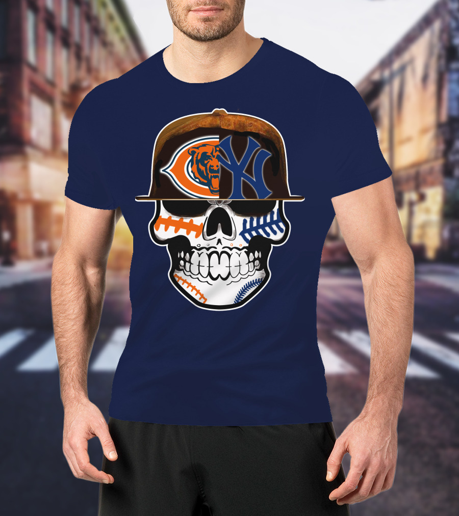 Chicago Bears Yankees Skull Football Baseball Fusion T-Shirt