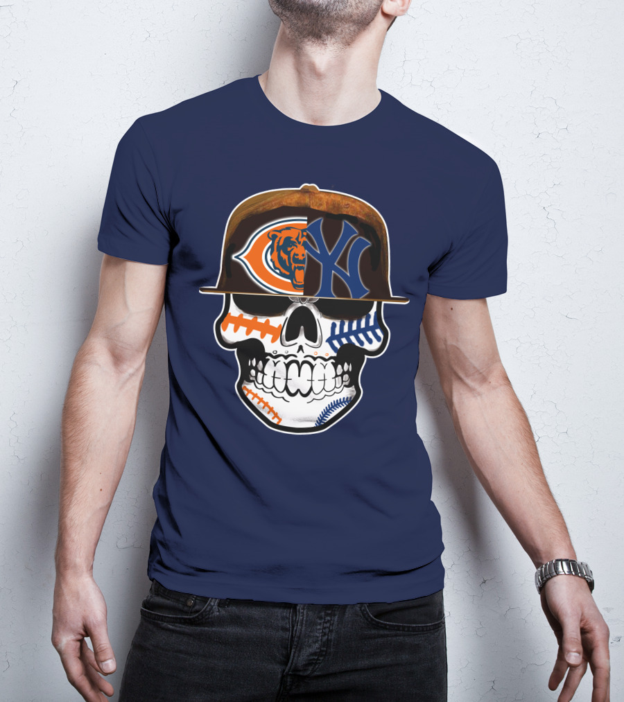 Chicago Bears Yankees Skull Football Baseball Fusion T-Shirt