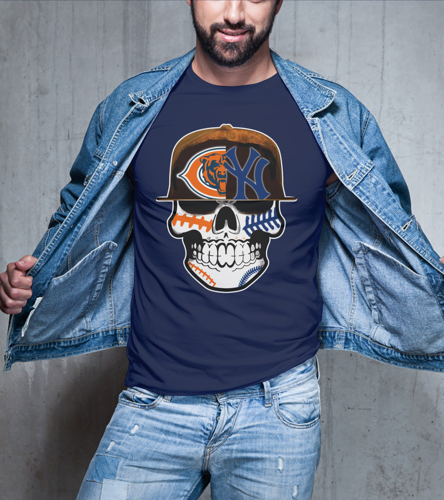 Chicago Bears Yankees Skull Football Baseball Fusion T-Shirt