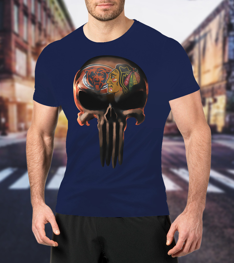 Chicago Bears 56 Skull Design With Nhl Blackhawks T-Shirt