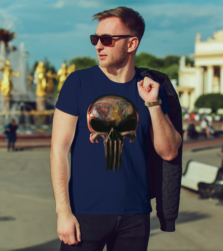 Chicago Bears 56 Skull Design With Nhl Blackhawks T-Shirt