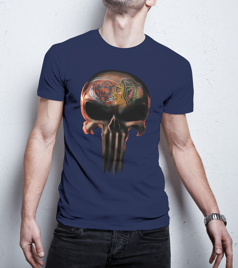 Chicago Bears 56 Skull Design With Nhl Blackhawks T-Shirt