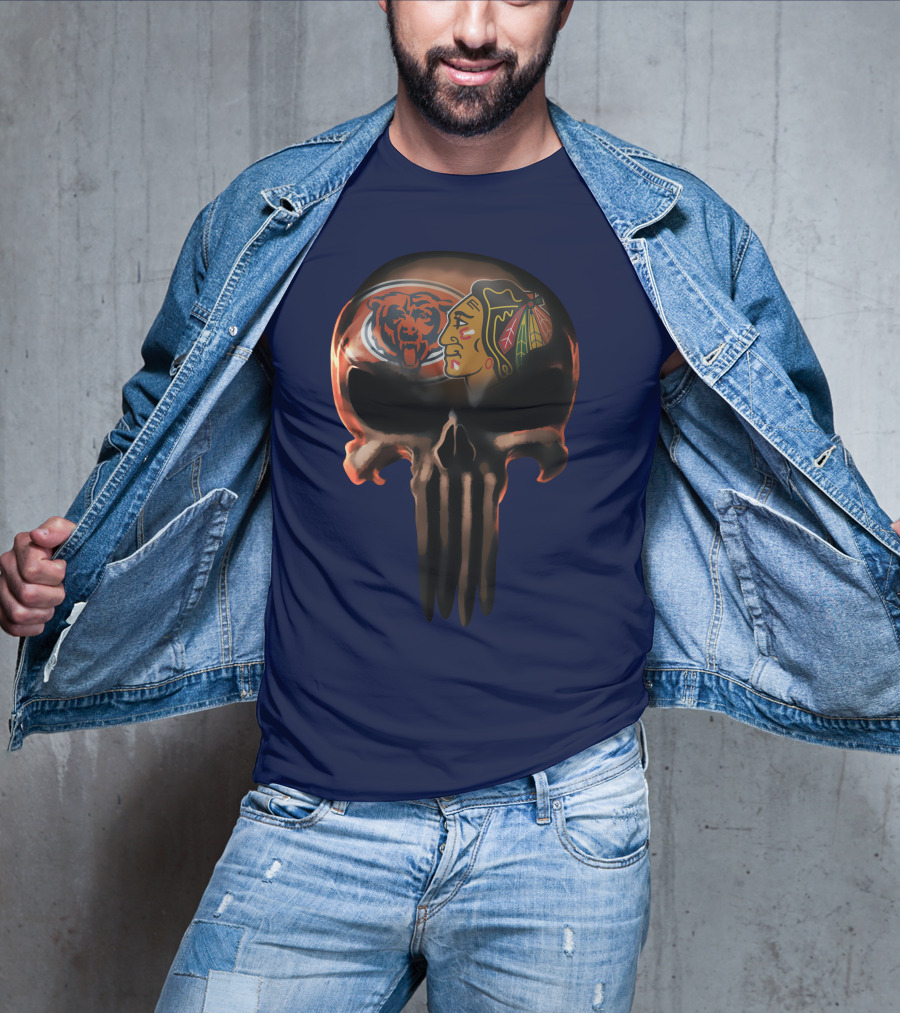 Chicago Bears 56 Skull Design With Nhl Blackhawks T-Shirt