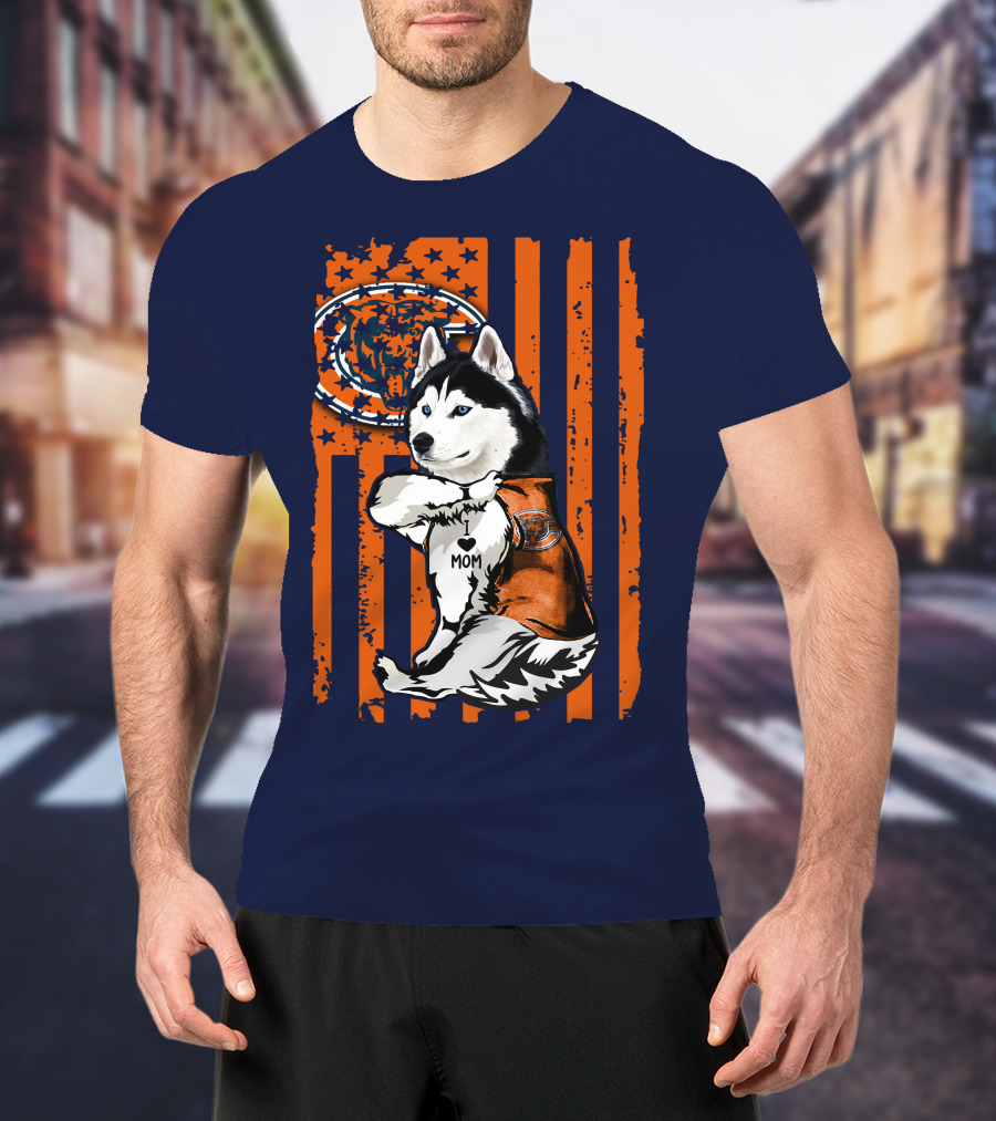Siberian Husky Chicago Bears I Love Mom Flag T-Shirt
