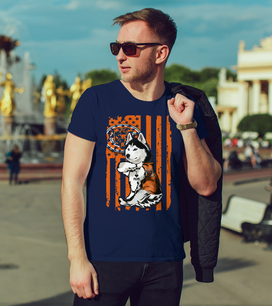 Siberian Husky Chicago Bears I Love Mom Flag T-Shirt