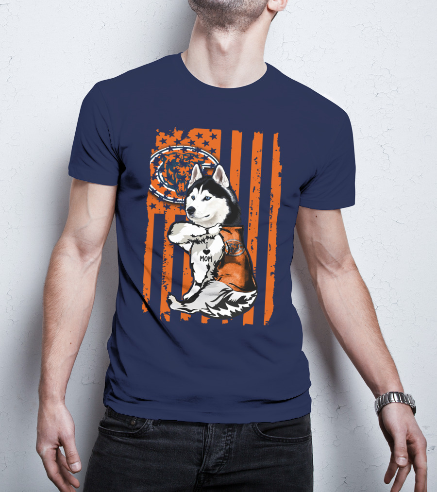 Siberian Husky Chicago Bears I Love Mom Flag T-Shirt