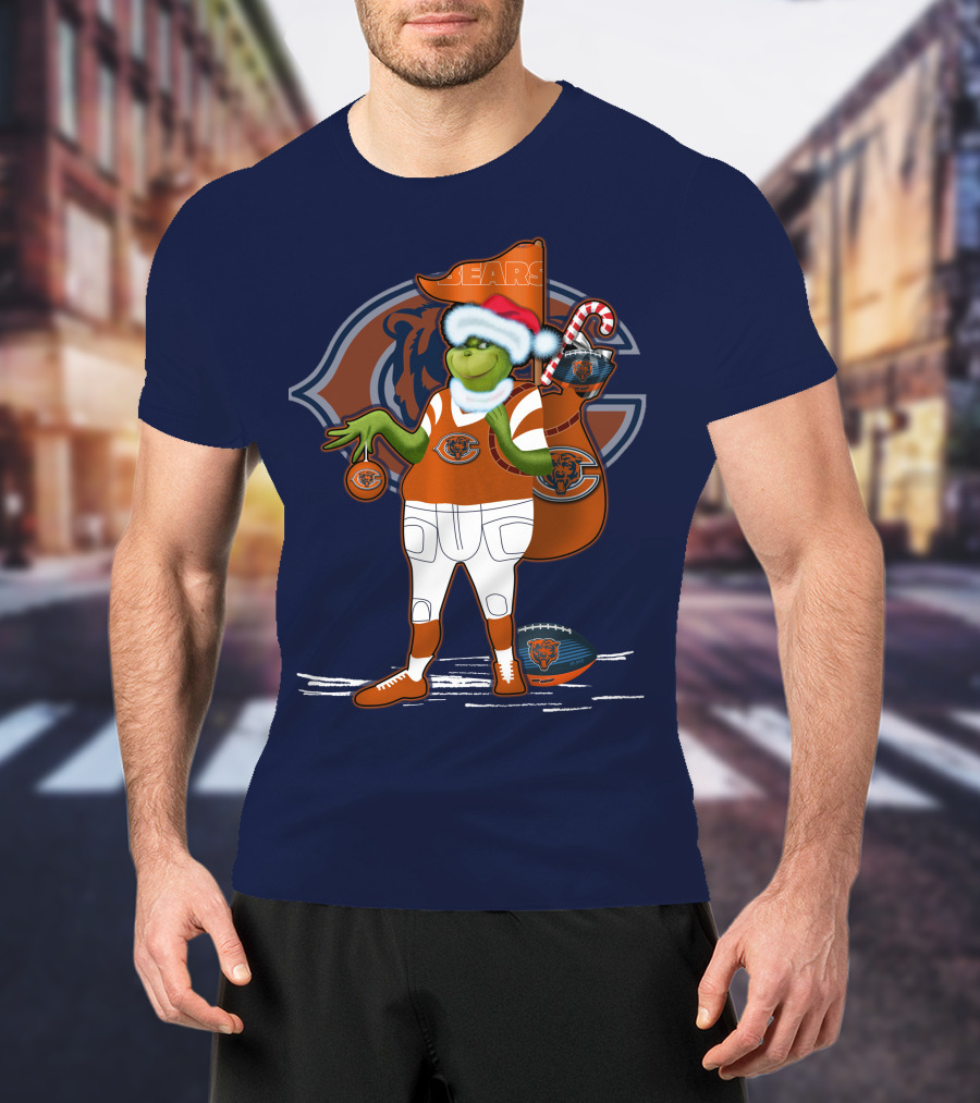 Grinchxmas Chicago Bears Holiday Football Fest With Bear In Santa Hat Holding Candy Cane And Ornament T-Shirt