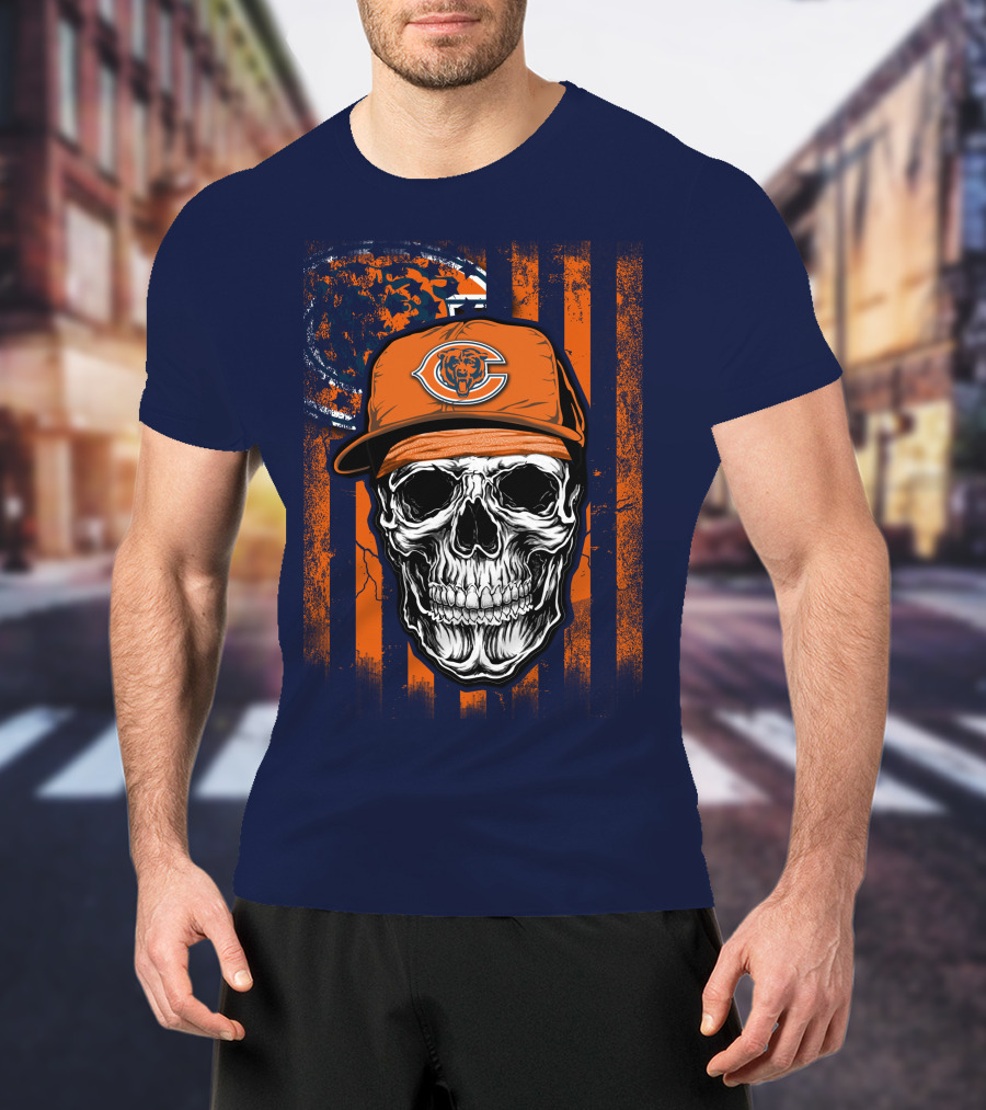 Skull V1 Chicago Bears Fan Skull Wearing Team Cap With Logo And Flag T-Shirt