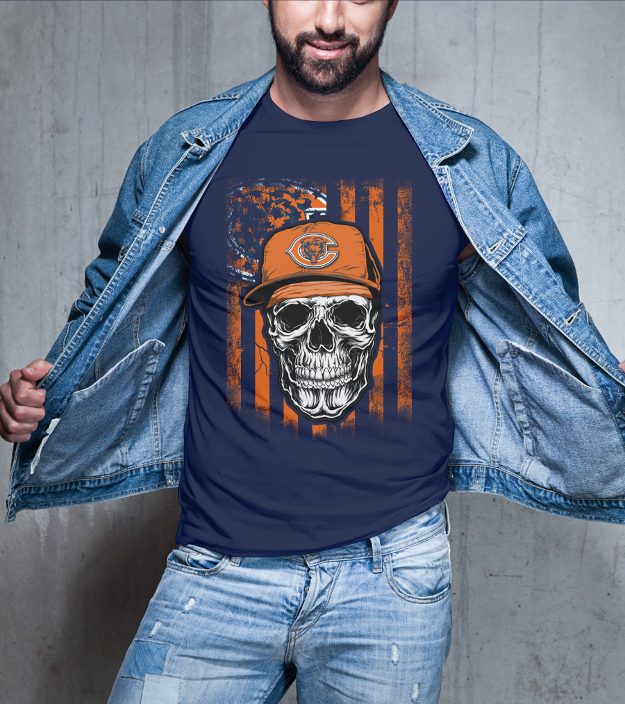 Skull V1 Chicago Bears Fan Skull Wearing Team Cap With Logo And Flag T-Shirt