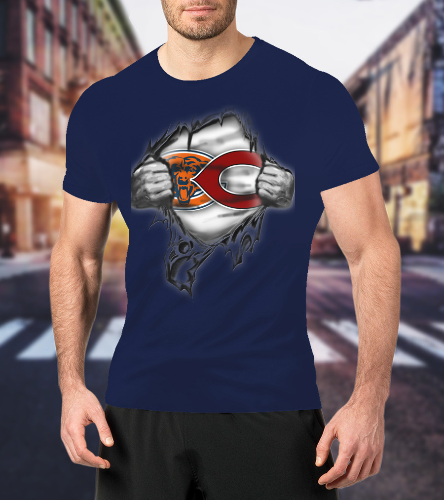 Chicago Bears Crossover With Logo And Bear Head T-Shirt