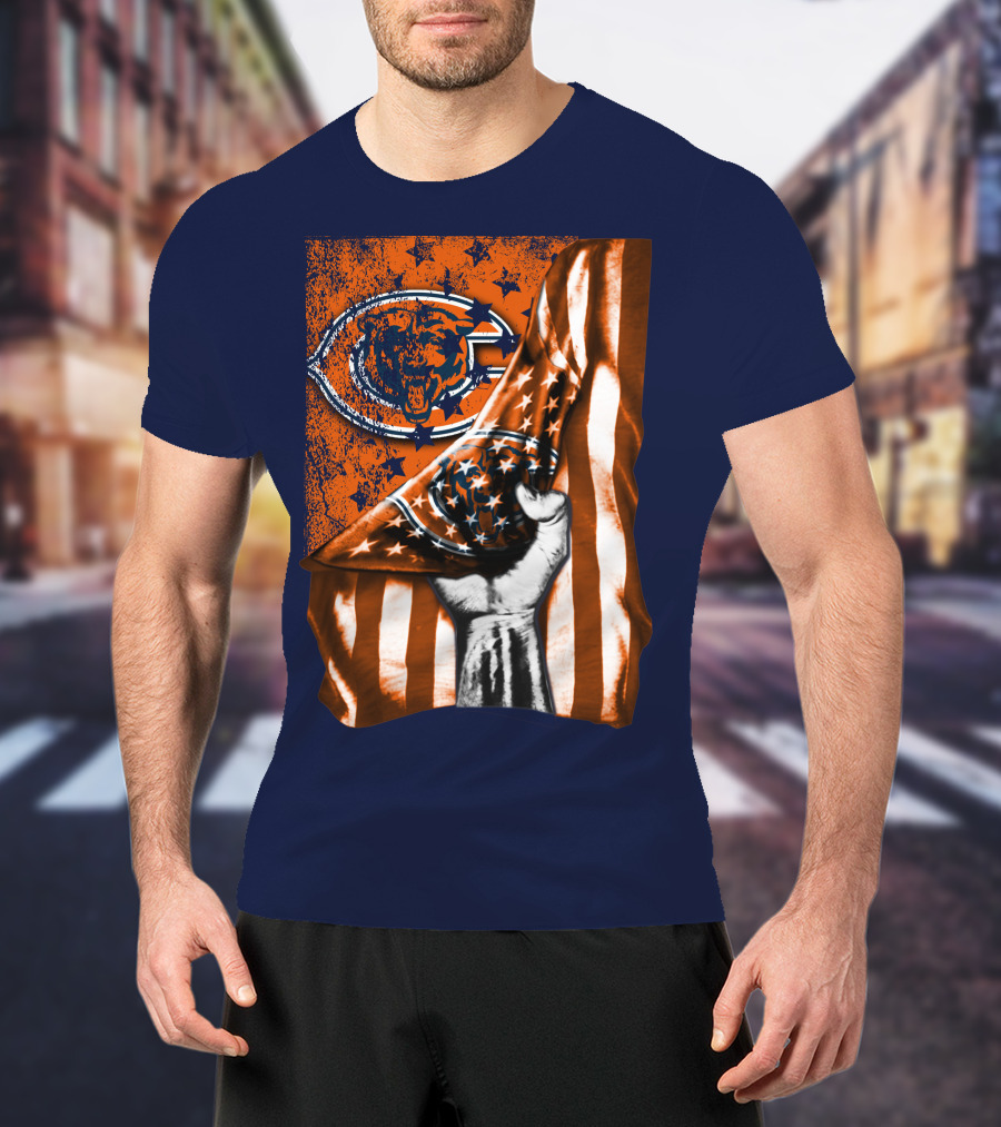 Hand Lifting American Flag Over CHICAGO BEARS T-Shirt