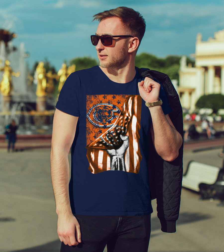 Hand Lifting American Flag Over CHICAGO BEARS T-Shirt