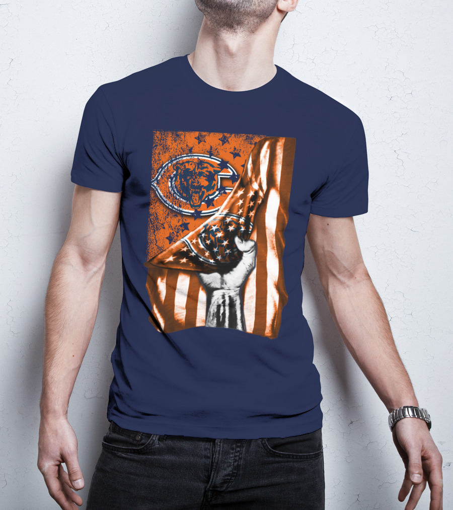 Hand Lifting American Flag Over CHICAGO BEARS T-Shirt