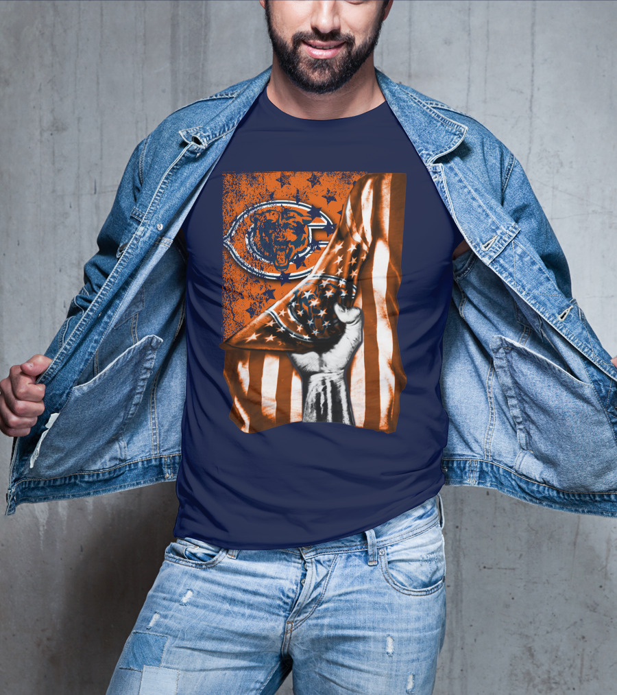 Hand Lifting American Flag Over CHICAGO BEARS T-Shirt