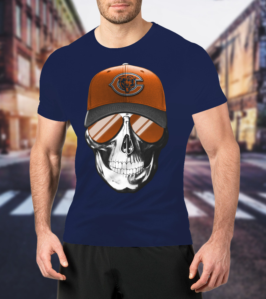 Skull V7 Chicago Bears Cap And Sunglasses T-Shirt