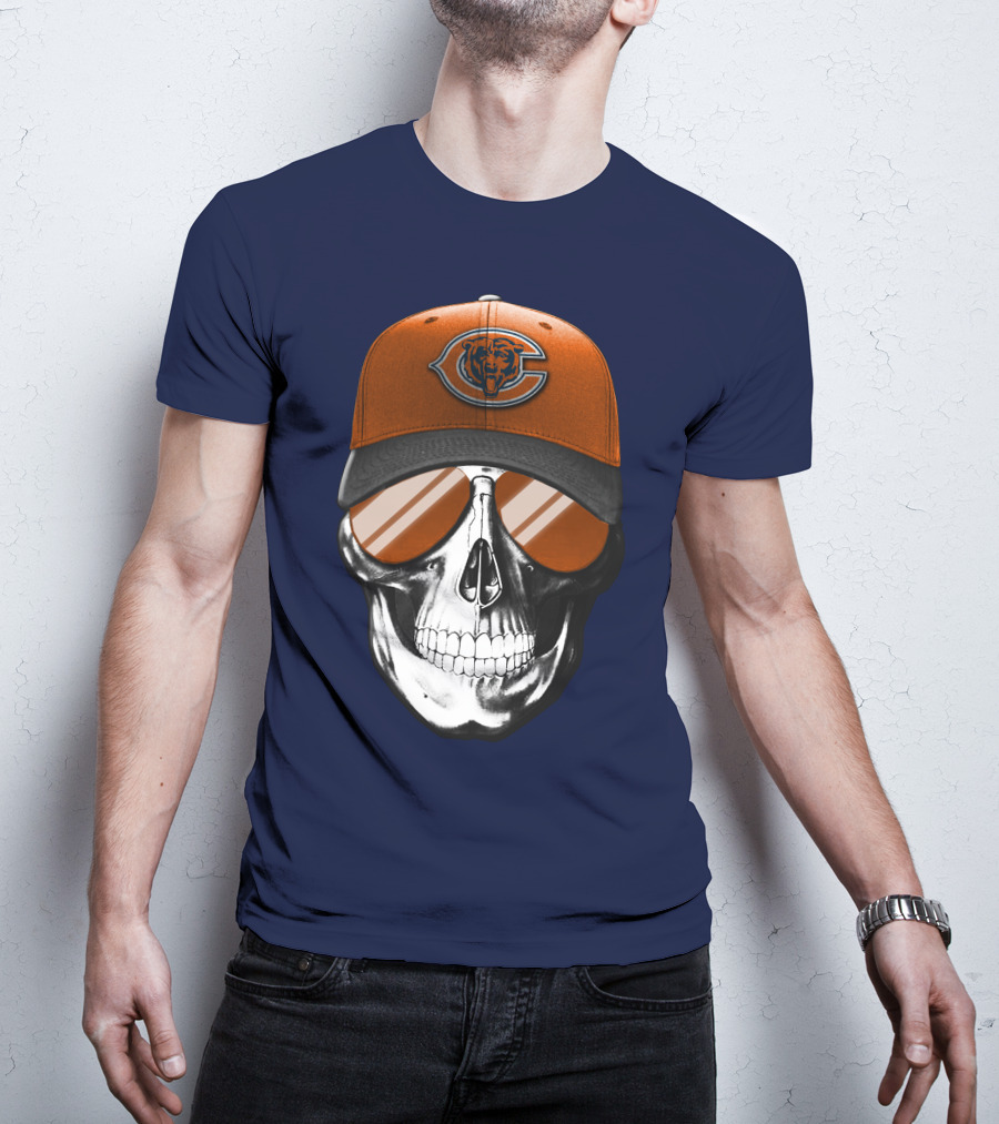 Skull V7 Chicago Bears Cap And Sunglasses T-Shirt